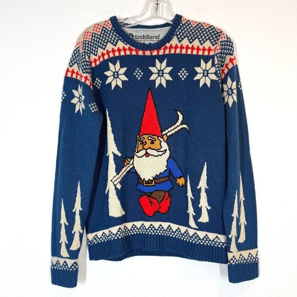 Ski Gnome Sweater Fair Isle Blue Red Winter Cozy Holiday Medium - Picture 2 of 8